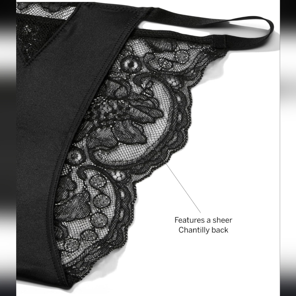 Victoria's Secret Very Sexy Black Satin Lace V-Front String Cheeky New With Tag - Picture 7 of 12